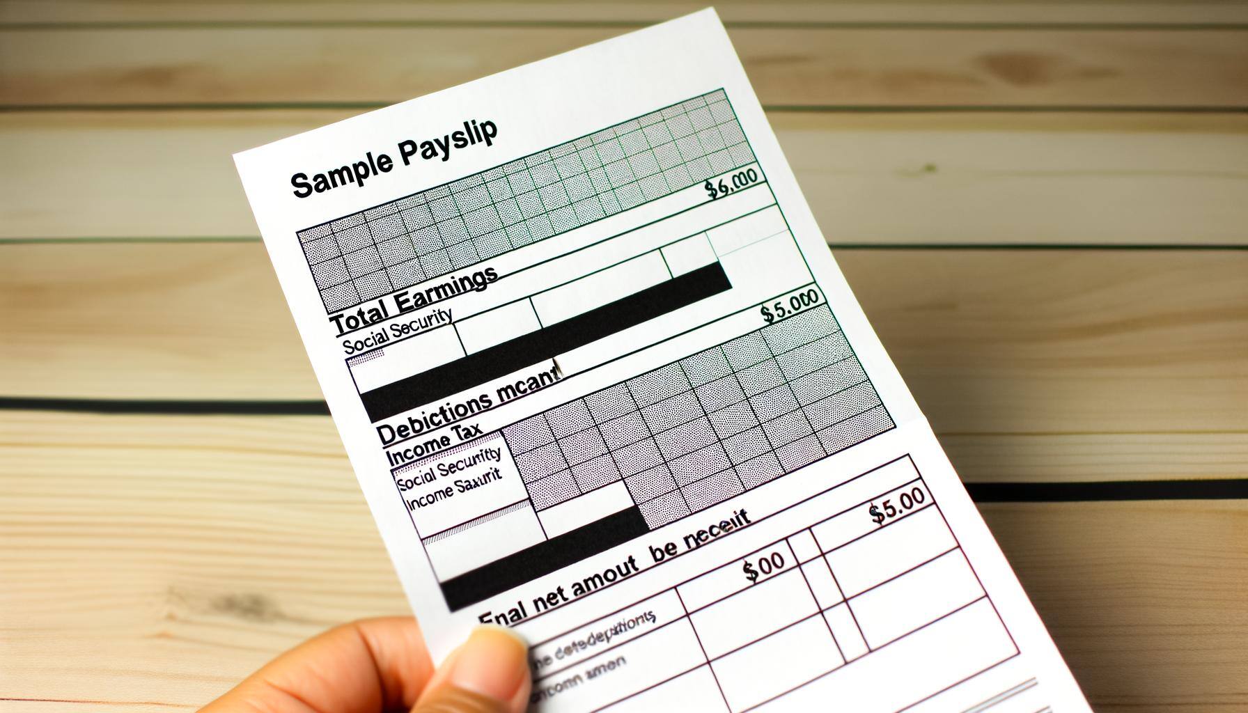 An image of a sample payslip with different sections for total earnings, deductions for social security and income tax, and the net amount to be recei