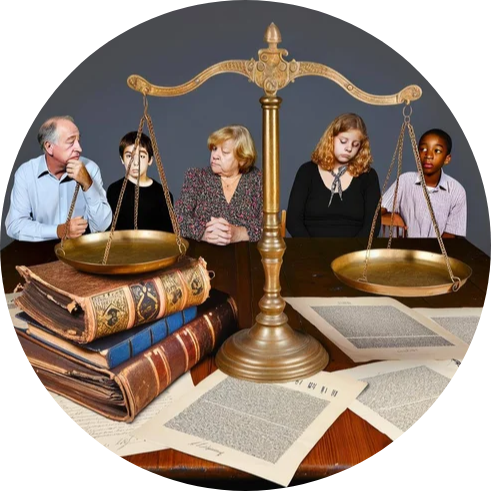 An image of legal documents, scales of justice, and family members discussing inheritance rights and succession planning-modified