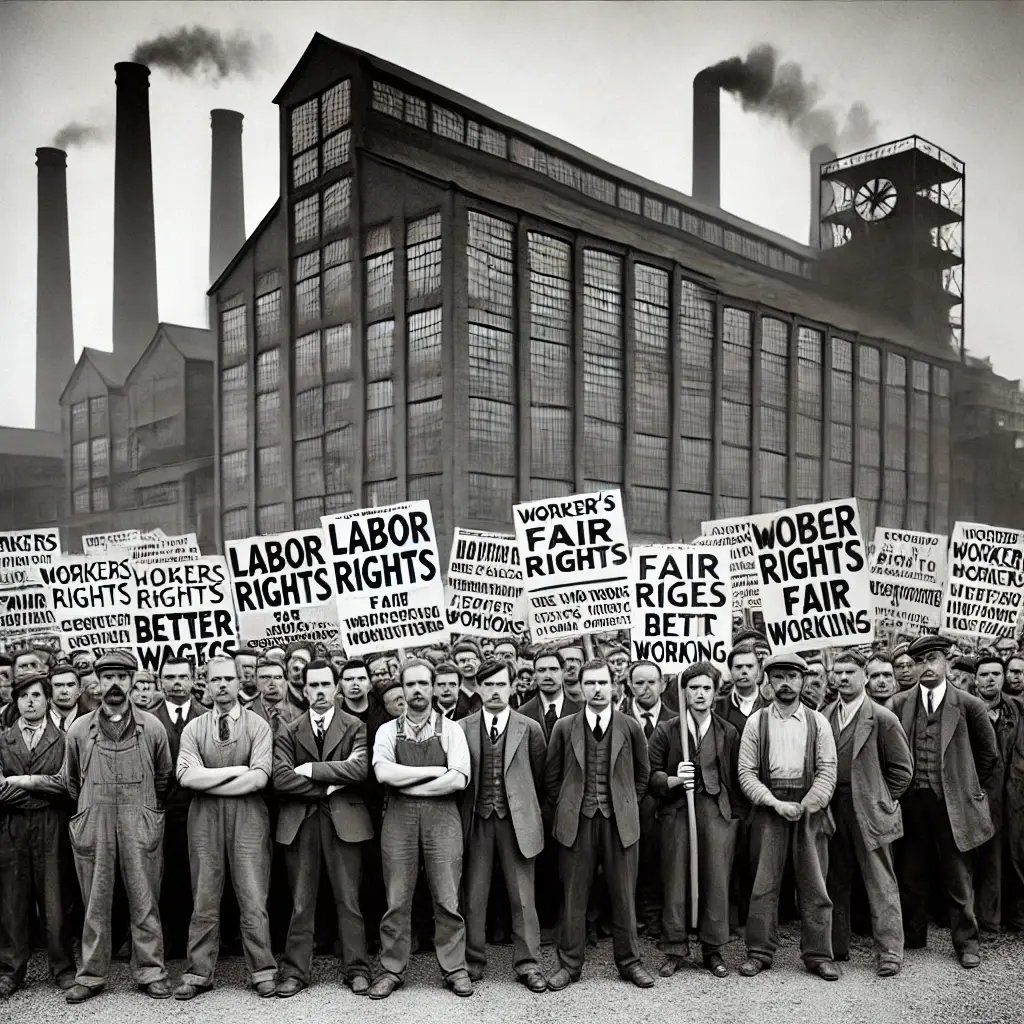 DALL·E 2024-08-28 18.00.01 - A group of determined labor union members standing in front of a large factory, holding up signs and banners that demand their rights. The factory -1