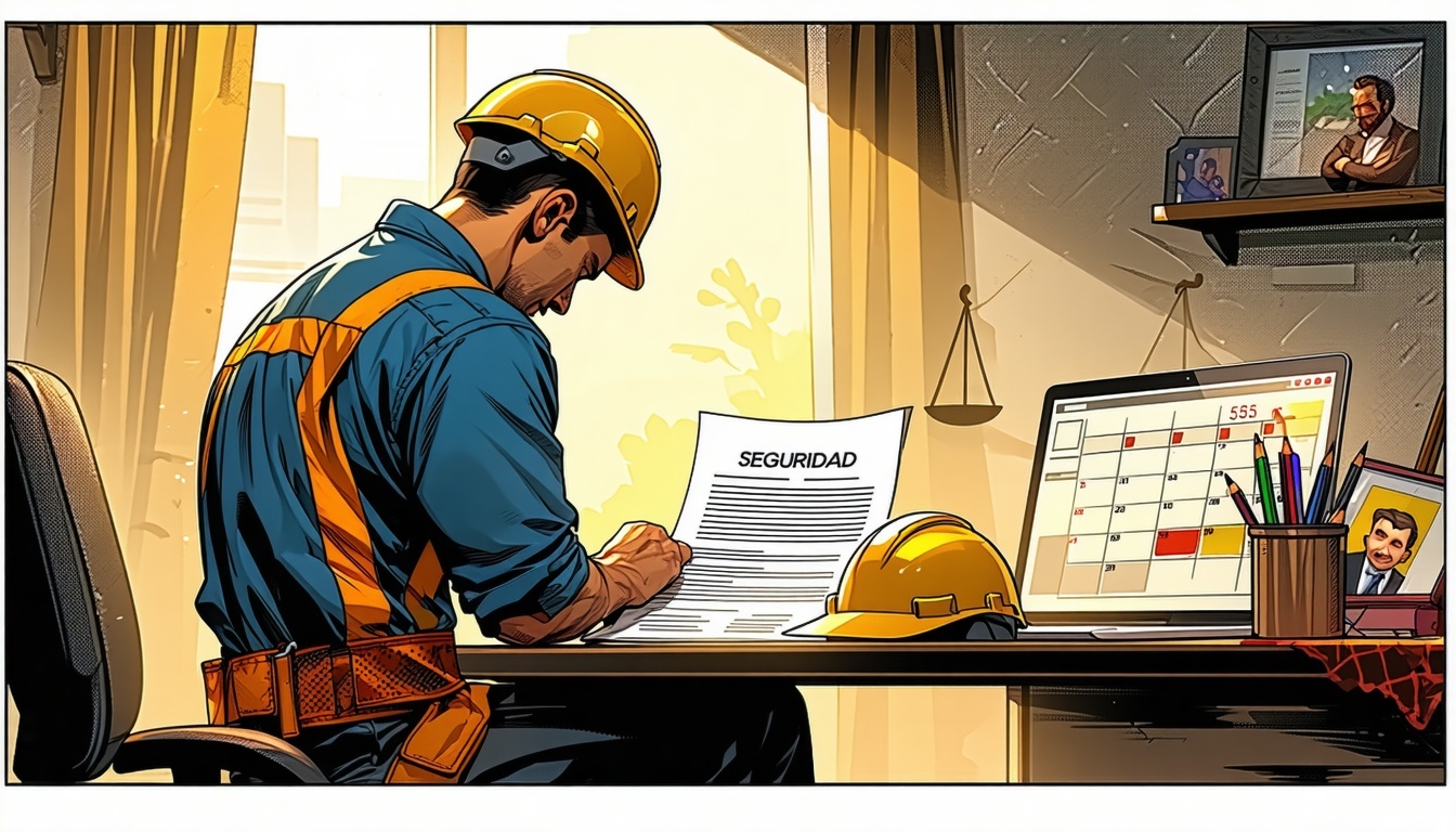 A comicstyle landscape illustration showing a worker with a back injury sitting at home looking at official documents from the Seguridad Social The scene includes symbolic elements like a construction helmet on the table a calendar marked at 55 years-1