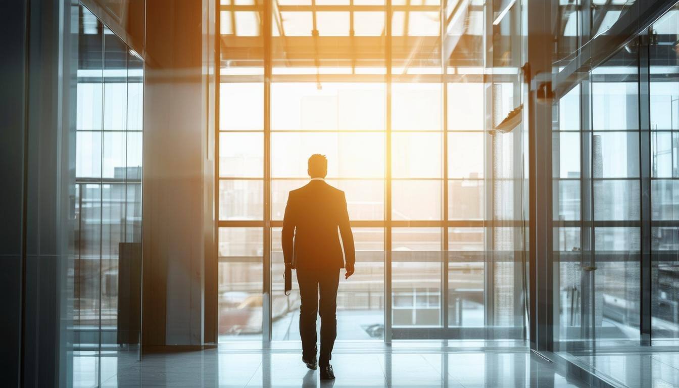 An image of an employee going out of a company with a lot of light and wide windows