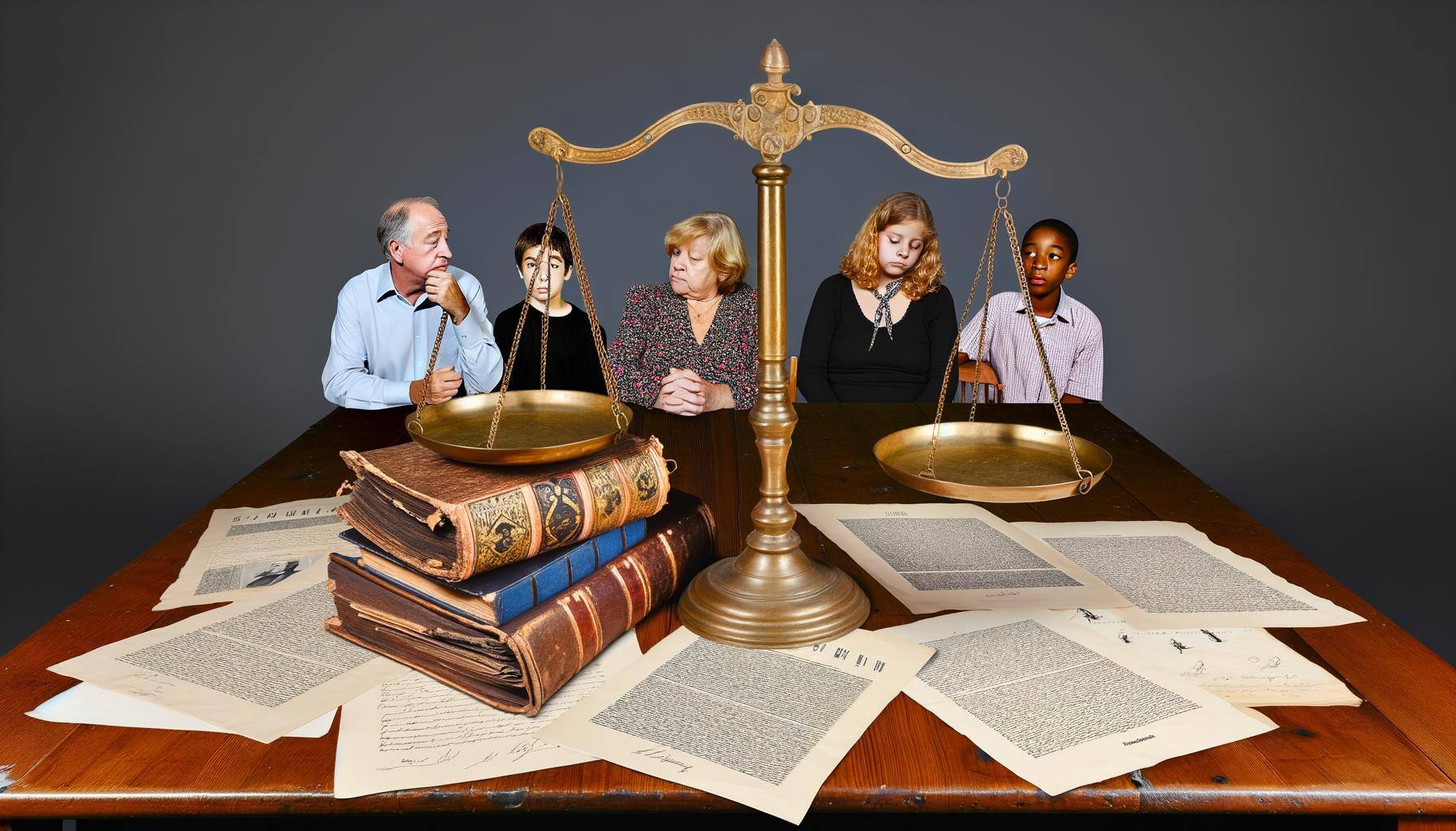 An image of legal documents, scales of justice, and family members discussing inheritance rights and succession planning