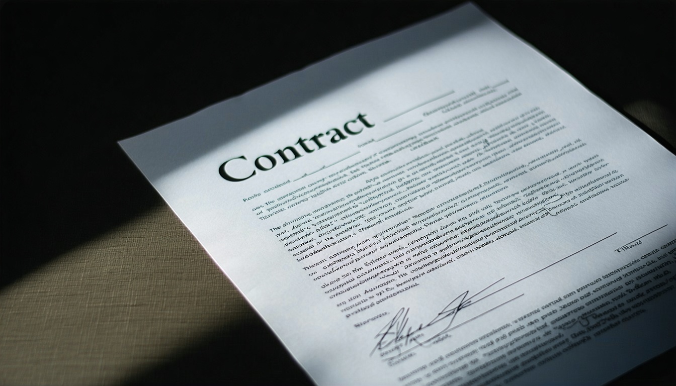 picture of a contract  Instead of including words or writing in the picture please use lines to simulate writing  The picture should mostly be in dark tones so that I can put white text over the top of it and be able to see the white text