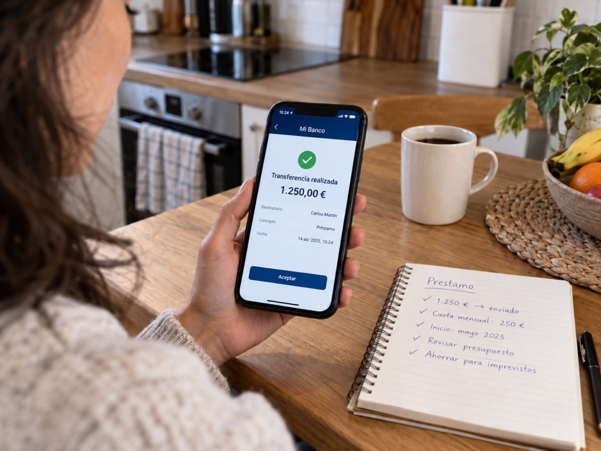 Transferencia bancaria de 1.250 euros con el concepto préstamo en la aplicación del móvil, junto a un cuaderno con las condiciones anotadas a mano y sin contrato firmado