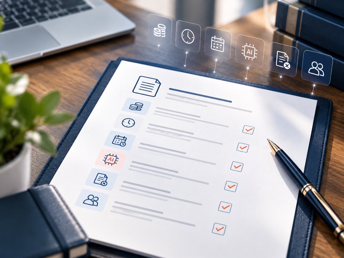 Checklist del documento informativo sobre los elementos esenciales del contrato de trabajo, con iconos de salario, jornada, inteligencia artificial y extinción