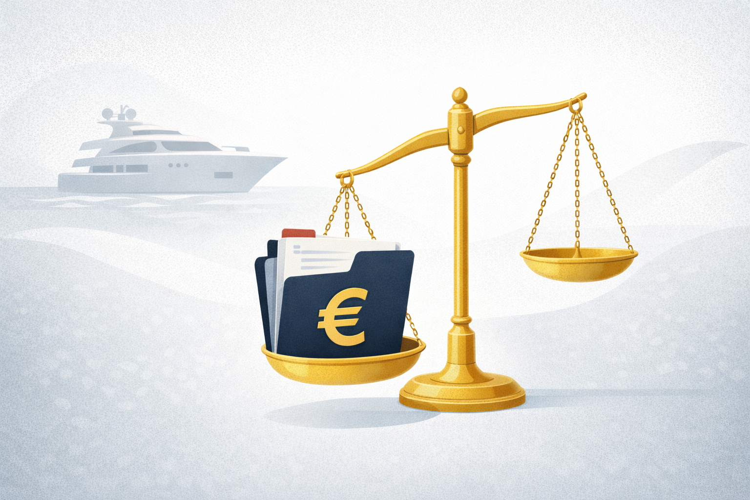A minimalist illustration of a golden balance scale on an abstract ocean background. One side holds a dark blue legal folder marked with a Euro symbol, symbolizing a large indemnity, while the other side is empty. In the distance, a luxury yacht appears in soft gray tones, referencing the Fortuna case.