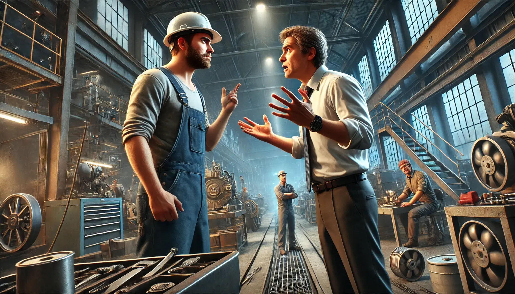 DALL·E 2024-11-18 20.40.23 - A detailed horizontal scene inside an industrial machinery maintenance factory. A tense conversation unfolds_ a worker, wearing a more casual attir