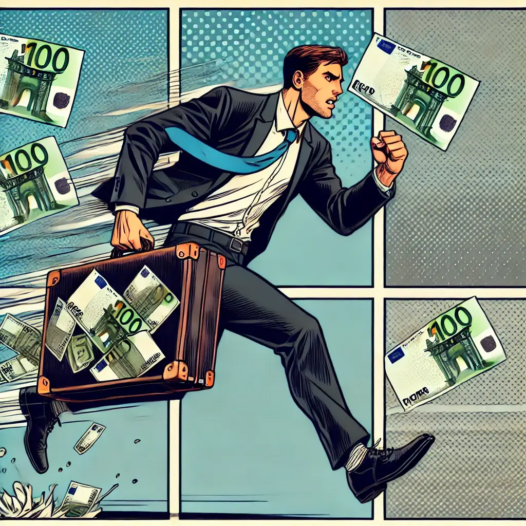 DALL·E 2025-02-28 16.09.15 - A businessman in a formal suit running frantically, holding an overstuffed suitcase that is bursting with euro banknotes, with some bills flying out a