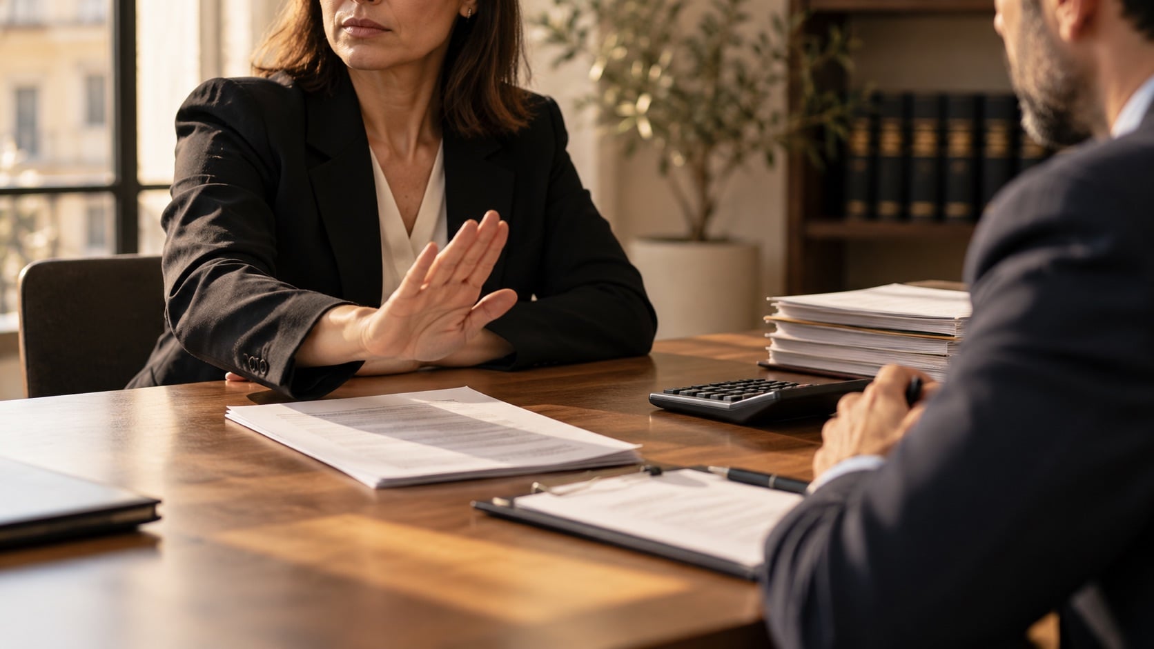 Abogada rechazando con la mano una propuesta al otro lado de la mesa de reuniones, junto a una calculadora y expedientes, en referencia a las costas procesales por rechazar sin causa un medio adecuado de solución de controversias.